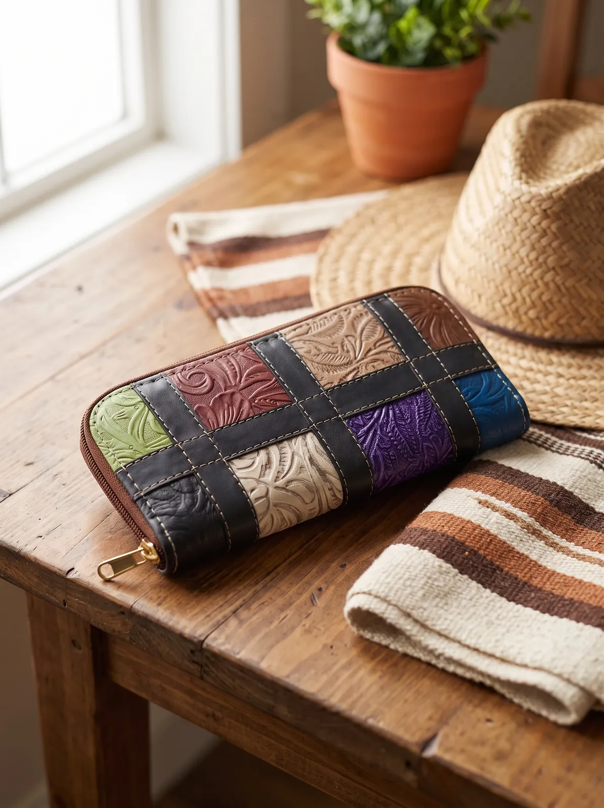 Cartera Patchwork Café en contexto