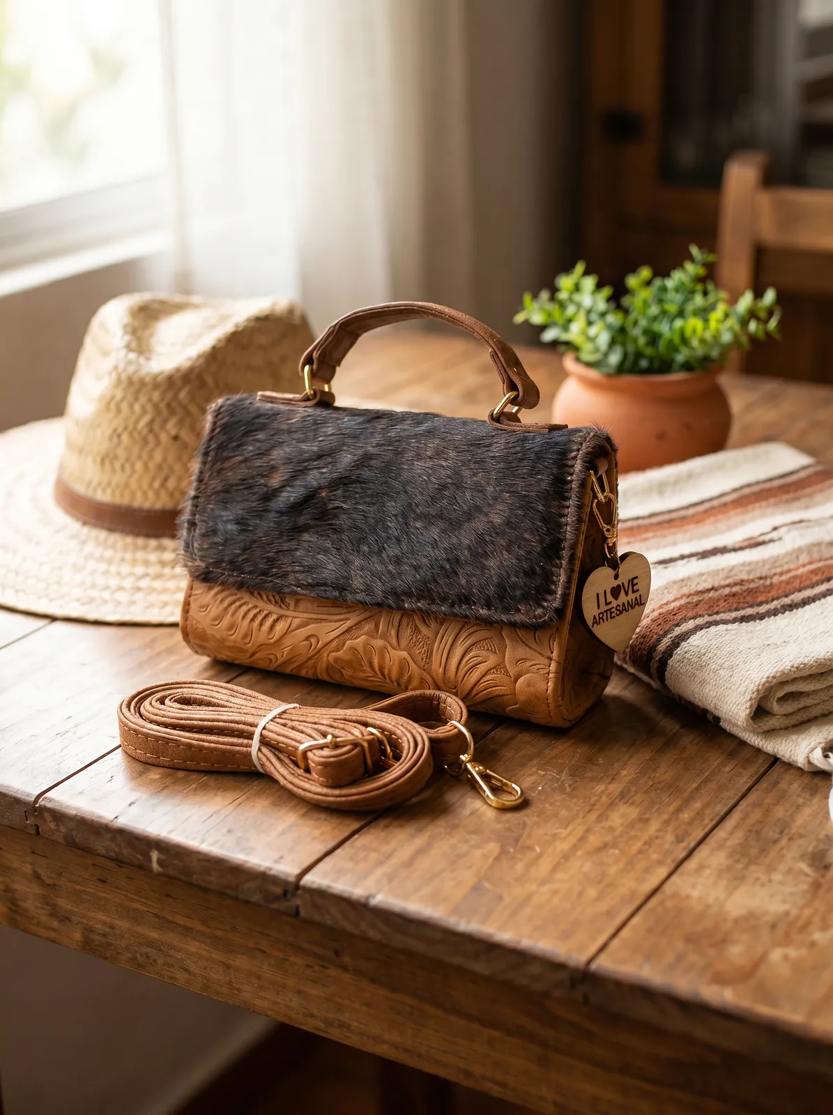 Cartera Pelo Natural Tan en contexto