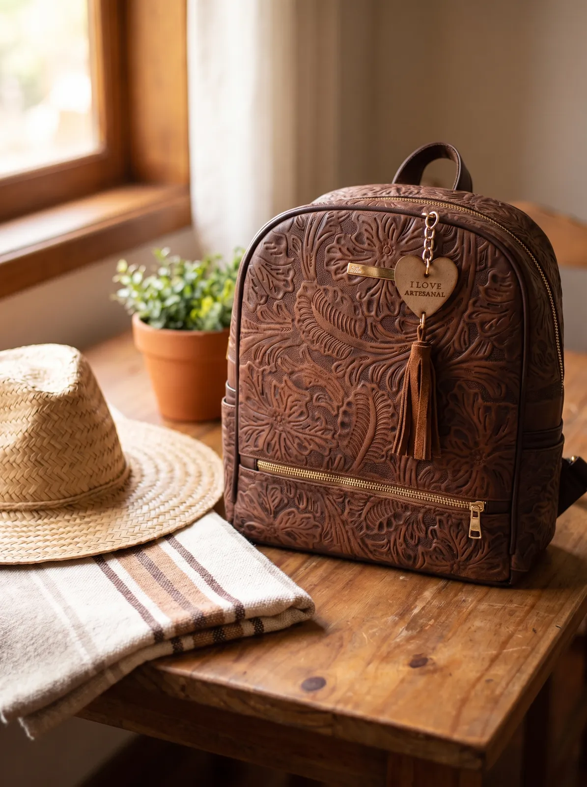 Mochila Floral Café en contexto
