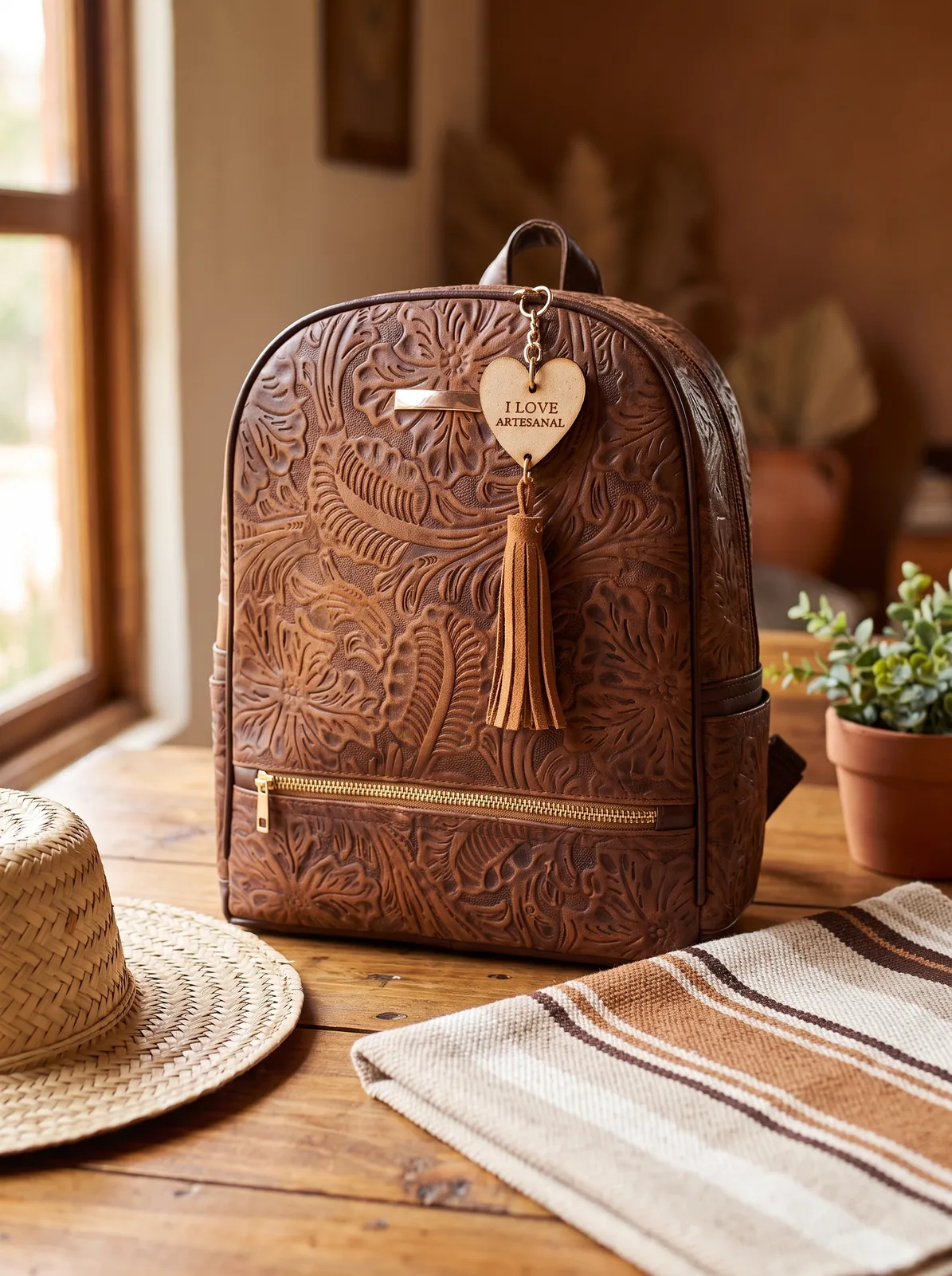 Mochila Floral Cognac en contexto