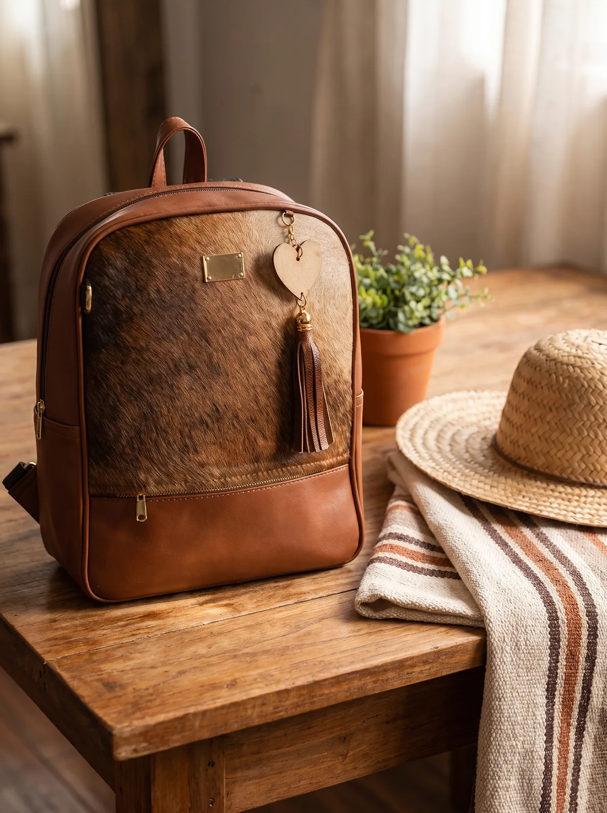 Mochila Pelo Natural Cognac en contexto