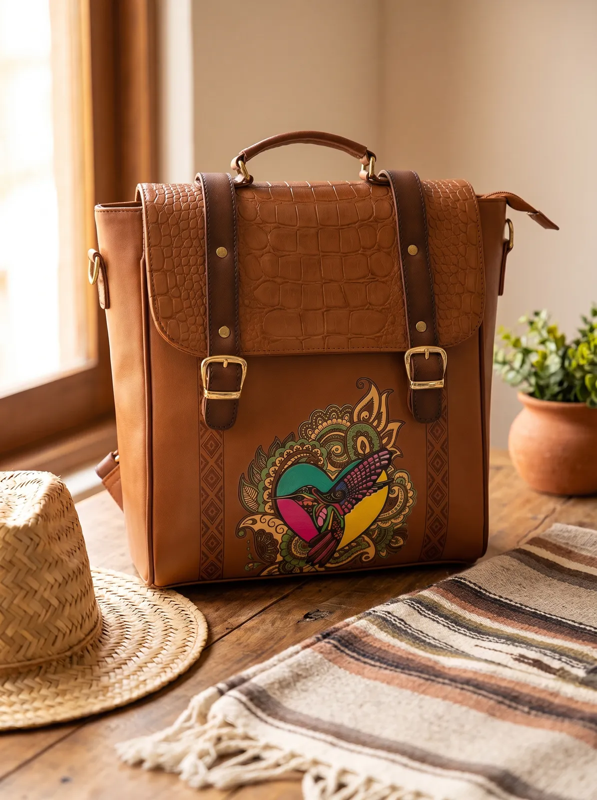Mochila Colibrí Cognac en contexto